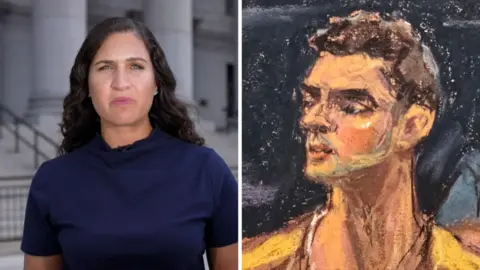 Split screen. Left, Nada Tawfik is seen. Right, a sketch of Luigi Mangione.