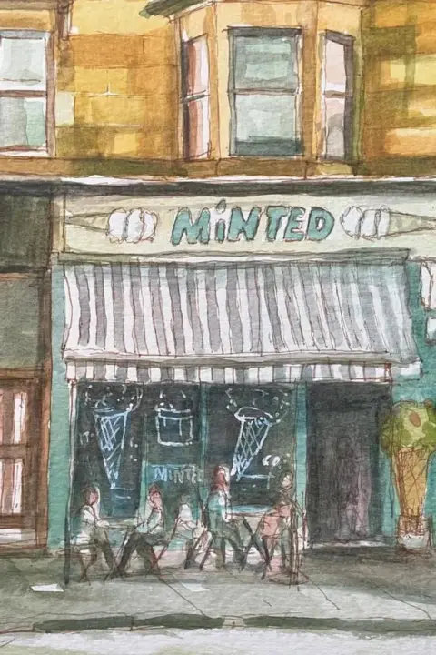 Allan Richardson A watercolour painting of ice cream shop Minted on Byres Road. The shop is painted mint green with a striped canopy. The cream-coloured sign above the shop has two ice cream cones on it and mint green text. People sit at tables outside of the shop.