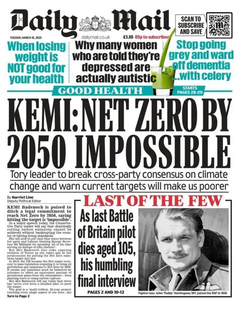 Halaman depan Daily Mail untuk Selasa 18 Maret 2025.