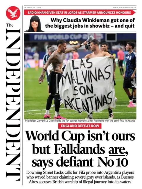 "World Cup isn't ours but Falkands are, says defiant No 10," reads the headline on the front page of the Independent.