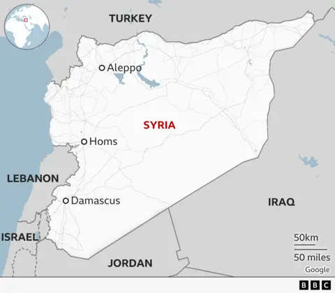 Map showing Syria and its neighbours with Turkey to the north, Iraq to the east, Jordan in the south and Lebanon and Israel to the south west. Some of Syria's western border meets the Mediterranean Sea. 