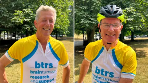 BBC/Seb Cheer Two images side by side showing two men, one with a cycling helmet and one without. Both are wearing branded yellow cycling jerseys which say "B T R S - brani tumour research and support".