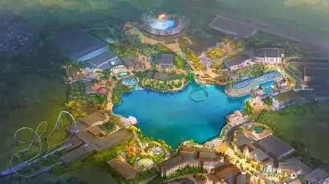 UNIVERSAL DESTINATIONS AND EXPERIENCES/COMCAST A bird's-eye artist's impression of what Universal UK will look like. There is a bright blue lake in the centre, surrounded by rides, arenas and retail units. Several rollercoasters can be seen, one of them appears to extend over the lake. It is surrounded by images of green fields.
