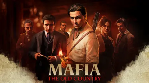 The image shows key art from the game Mafia: The Old Country; there are five people posed in the poster with one of them holding a weapon.