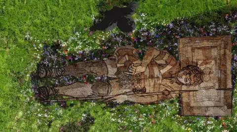 A computer generated drawing of the statue surrounded by grass and flowers. Members of the public will be able to touch it.