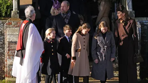 PA Media The Prince of Wales (back) with (left to right) Lena Tindall, Prince Louis, Princess Charlotte, Mia Tindall, and the Princess of Wales leaving the Christmas Day morning church service at St Mary Magdalene Church in Sandringham,