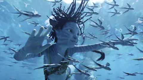 Disney A blue CGI character from Avatar underwater. He is surrounded by fish. Everything looks hyper-realistic.