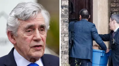 Gordon Brown (left) spoke as the Metropolitan police concluded a search of properties linked to Mandelson (right)