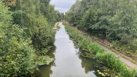 BBC A canal with green-ish water, lined by green plants and trees with a bridge further in the distance, with two workers in orange hi-vis jackets working along the canal further away