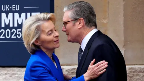President of the European Commission, Ursula von der Leyen and UK Prime Minister Keir Starmer lean in to kiss each other at the UK-EU Summit in London on 19 May 2025.