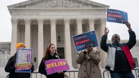 Four protesters in front of Supreme Court holding signs reading "Student loan relief is legal" and "Cancel student debt"