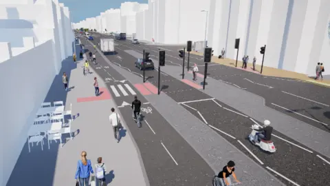 BHCC An illustration of the scheme which has a two way cycle lane, next to a widened pavement and one lane of the A259 going westbound.