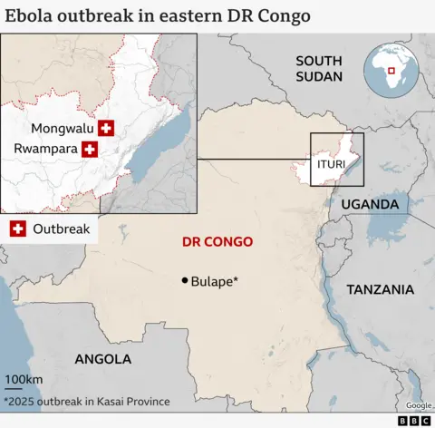 A map of DR Congo, showing Ituri, Mongwalu and Rwampara and Bulape, along with neighbouring countries Uganda, South Sudan, Tanzania and Angola