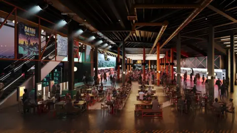 YTL CGI of the inside food court at the venue. Tables are lined, with people sat gathering. There is an escalator to the left, with a bar that runs along the right hand side of the area.