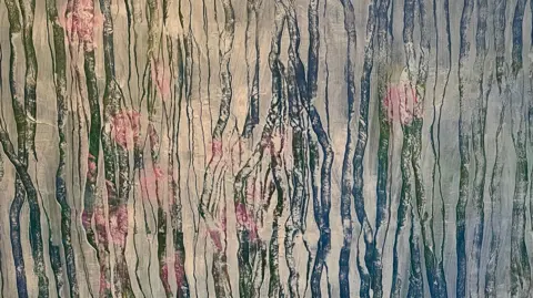 Betsy Smith Painting of thin tree trunks in green, pink and blue on a cream background