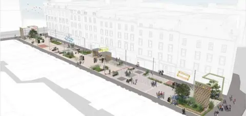 Dundee City Council An artist's impression of a pedestrianised street. It is lined with trees and seating. A green arch is at each the entrance to the street.