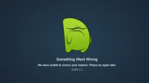 Steam A green blob-like character looks disgruntled. Underneath, it says "something went wrong, we were unable to service your request, please try again later".