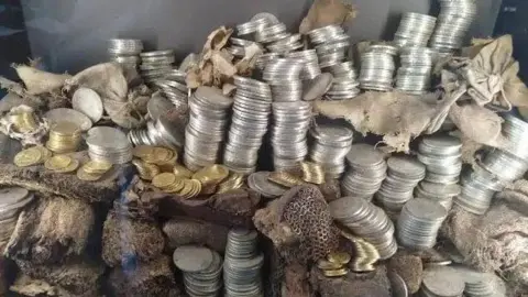 Musees de Langres A close up showing a hoard of gold and silver coins taken in a museum robbery.