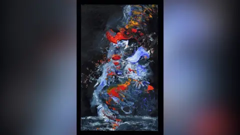 St Mary's Church/Maggi Hambling A photo of a painting by Maggi Hambling. It is made up a blue, red and yellow paint.