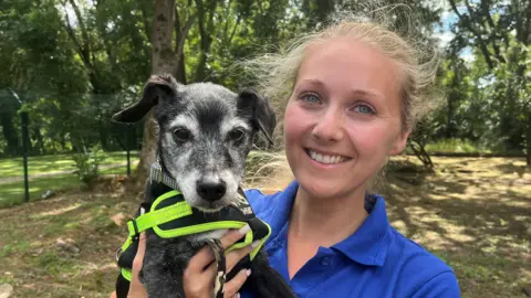 A woman with tied back blonde hair and blue eyes smiles at the camera, wearing a blue T-shirt. She is holding a terrier puppy to her left, who wears a neon harness that says '3 peaks'. The dog looks at the camera. They are standing on patches of grass with trees behind them and a green metal fence to the left. Sunlight is dappled through the shadows of trees behind them.