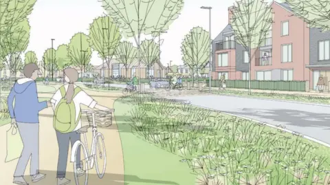 JTP/Urban and Civic (Alconbury) Ltd Illustrative Image of a couple walking in front of a row of houses