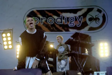 PA Keith Flint of The Prodigy performing on stage at Knebworth, 1996