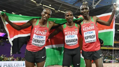 AFP Elijah Manangoi of Kenya is congratulated by Timothy Cheruiyot and Asbel Kiprop of Kenya after winning the men's 1500m at August's World Championships in London.