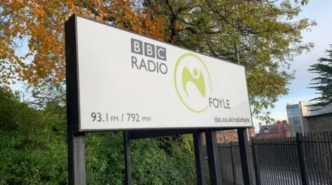 A sign outside the BBC Radio Foyle building. 