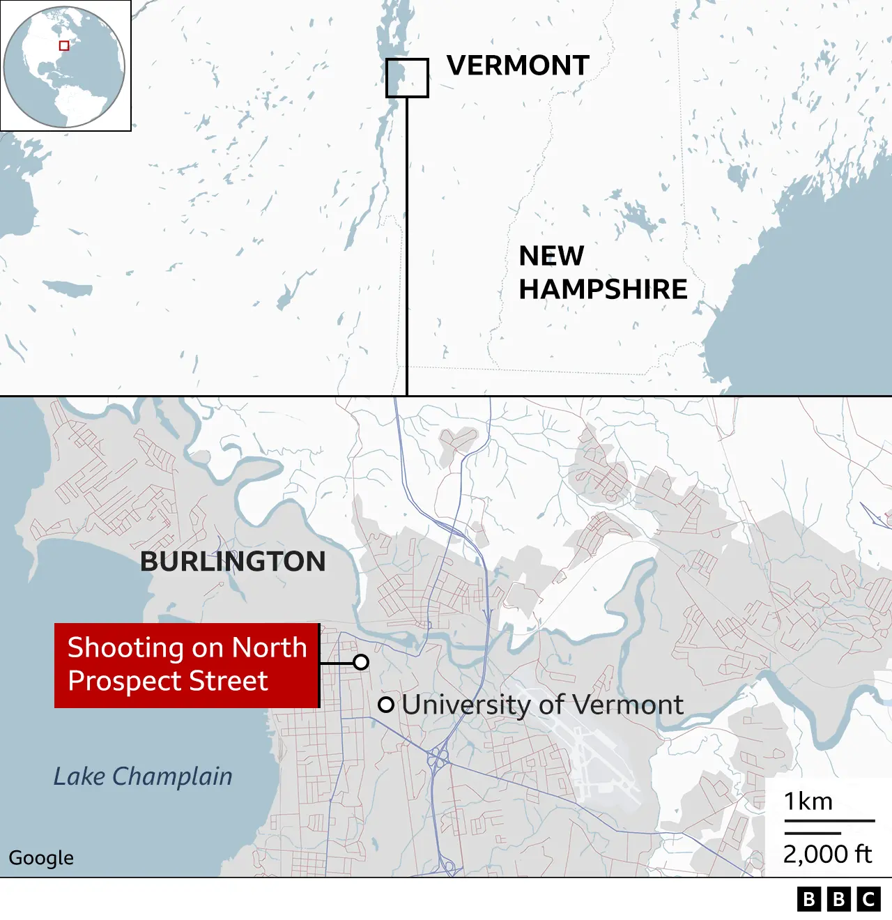 Map showing the site of the shooting in Vermont