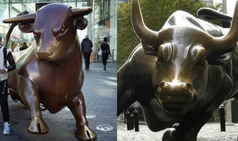 Getty Images, BBC The Birmingham Bull and the charging bull of Wall Street