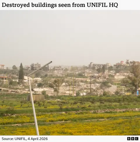 UNIFIL An image showing destroyed buildings in southern Lebanon seen from UNFIL headquarters.