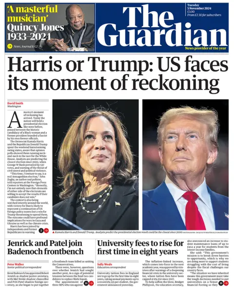 The headline on the front page of the Guardian reads: "Harris or Trump: US faces its moment of reckoning"