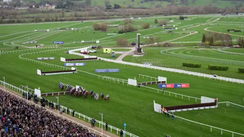 PA A view of Cheltenham Racecourse from above in the grandstands. On the large course there are various jumps, hurdles and markers. In the foreground there are a herd of horses competing in a race, running past the crowds of punters in the stands.