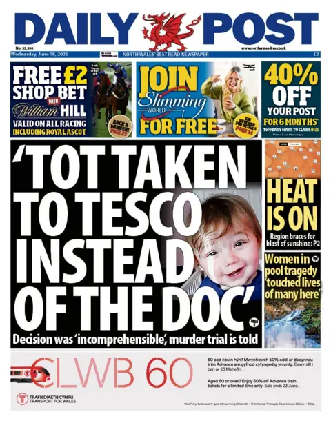 Daily Post Daily Post Wales West front page with headline "Tot taken to Tesco instead of doc" from murder trial and photo of toddler 