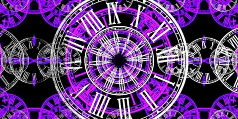 Artwork of the outline of layered white, pink and purple clock faces with Roman numerals. The clock faces overlap each other.