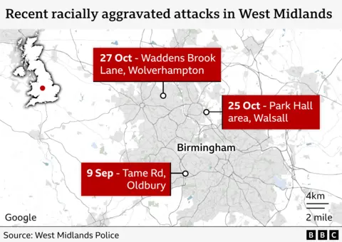 A map showing a timeline of recent racially aggravated attacks and where they happened in the West Midlands 
