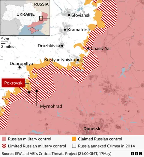 Map showing which areas of east of Ukraine are under Russian military control or limited Russian control