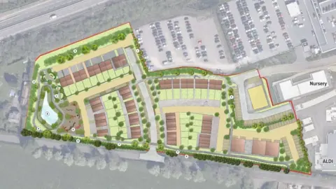 Revival Developers/CBC A top down view of the plans, showing roads and streets laid out and plans for a pond on the left of the site