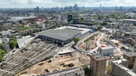 HS2 Ltd Aerial view of Euston station showing the construction area of HS2 as well as buildings and train tracks