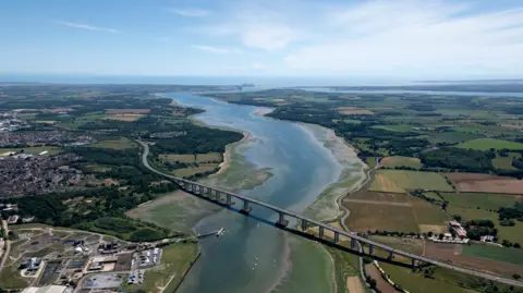 An aerial image of the Orwell Bridge