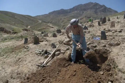 Shah Marai / AFP An Afghan man digs a grave, 2018