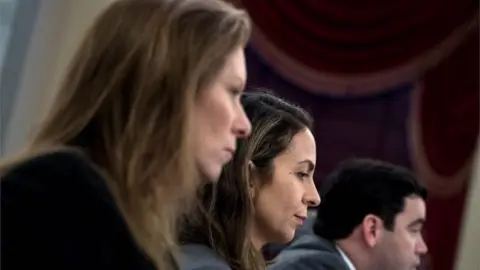 Getty Images Monika Bickert, Facebook"s Head of Global Policy Management, Juniper Downs, YouTube "s Global Head of Public Policy and Government Relations, and Carlos Monje, Director, Twitter"s North America Public Policy and Philanthropy, participate in a Senate hearing.