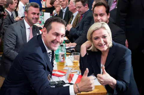 AFP Mr Strache (front, L) with Ms Le Pen and other far-right politicians in Vösendorf, Austria, 17 June 2016