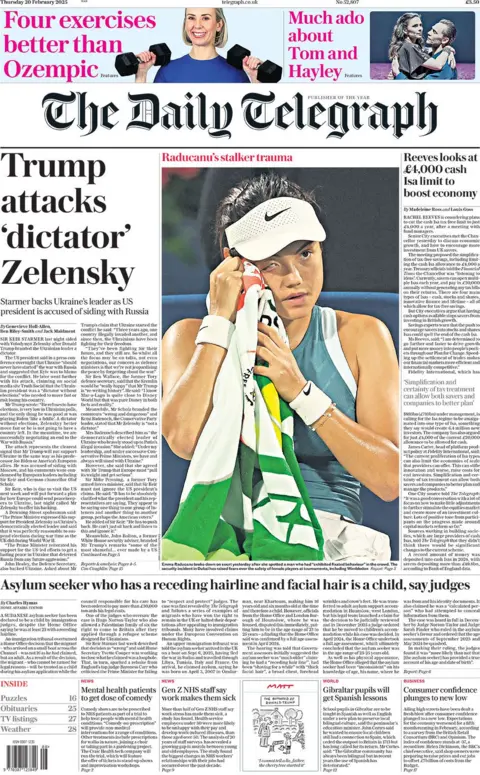 The Daily Telegraph headline reads: Trump attacks 'dictator' Zelensky