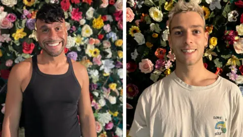 Lauren Filer The picture shows two dancers - Harrison and Dennis - who will perform at Glastonbury. Harrison is wearing a black vest top and Dennis is wearing a white T-shirt.