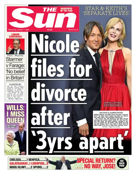  "Nicole files for divorce after '3 yrs [years] apart'". It appears alongside a photo of actress Nicole Kidman and artist Keith Urban.