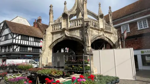 The Poultry Cross in Salisbury with what appears to be a plant market in front of it. Various historic buildings and a grey van can be seen in the background.