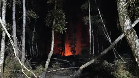 Ramsey Community Fire and Rescue Station A burning woodland, with an orange flame in the distance.