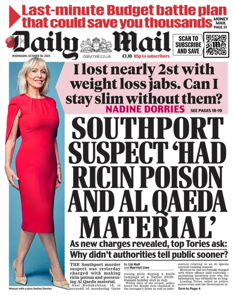 The headline in the Mail reads: "Southport suspect 'had ricin poison and al Qaeda material'". 