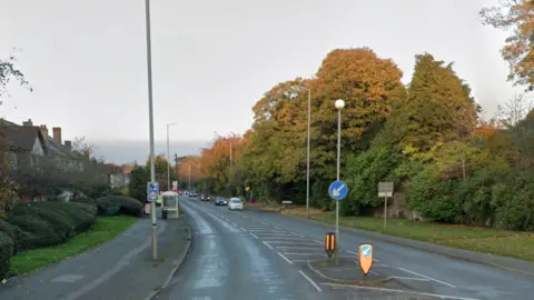 A general view of Penn Road. The left side of the road has houses obscured by bushes and foliage. The right side of the road has large trees and grass on the pavement. There is a crossing and you can see cars driving in the distance